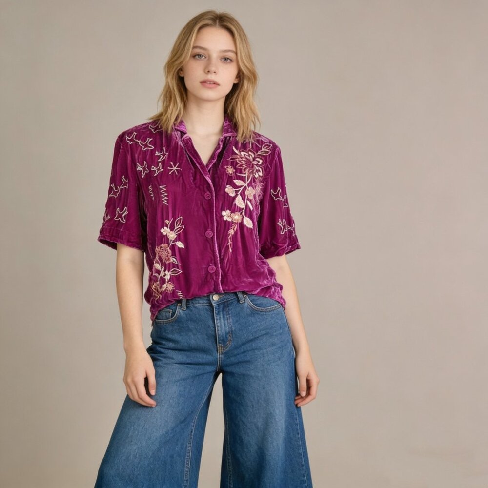NWOT Johnny Was Velvet Silk Blend Floral Embroidered Button Shirt Blouse Size S